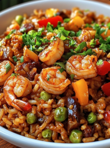 Savory Shrimp Dirty Rice with Flavorful Ground Beef and Sausage