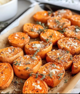 Roasted Sweet Potatoes with garlic and Parmesan