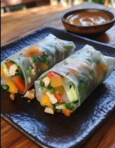 Healthy Chicken Salad Spring Rolls with Peanut Sauce