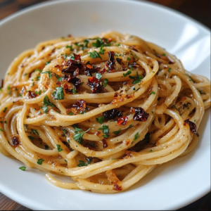 Caramelized Onion Pasta with Chilli Oil   –