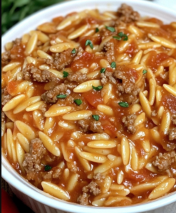 Ground Beef Orzo with Tomato Cream Sauce