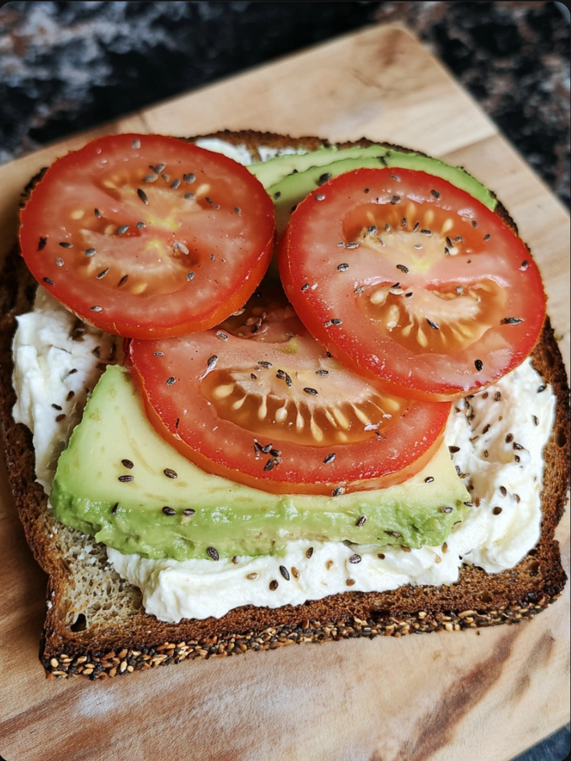 Avocado and Tomato on Dave’s Killer Thin Seed Bread with Whipped Cream Cheese