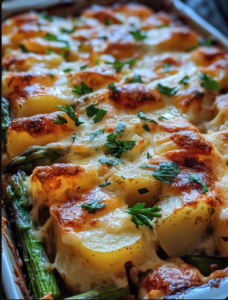 Cheesy Asparagus and Potato Bake.