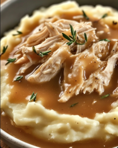 Shredded Chicken Gravy on Mashed Potatoes