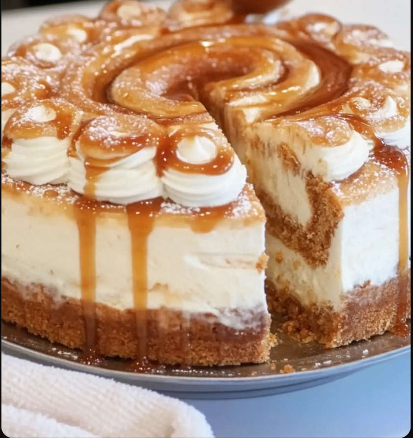 Cinnamon Roll Cheesecake Caramel & Cream Cheese Frosting