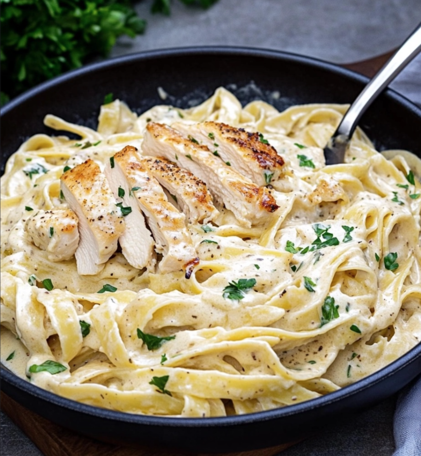 Famous alfredo fettuccine recipe with chicken fillet