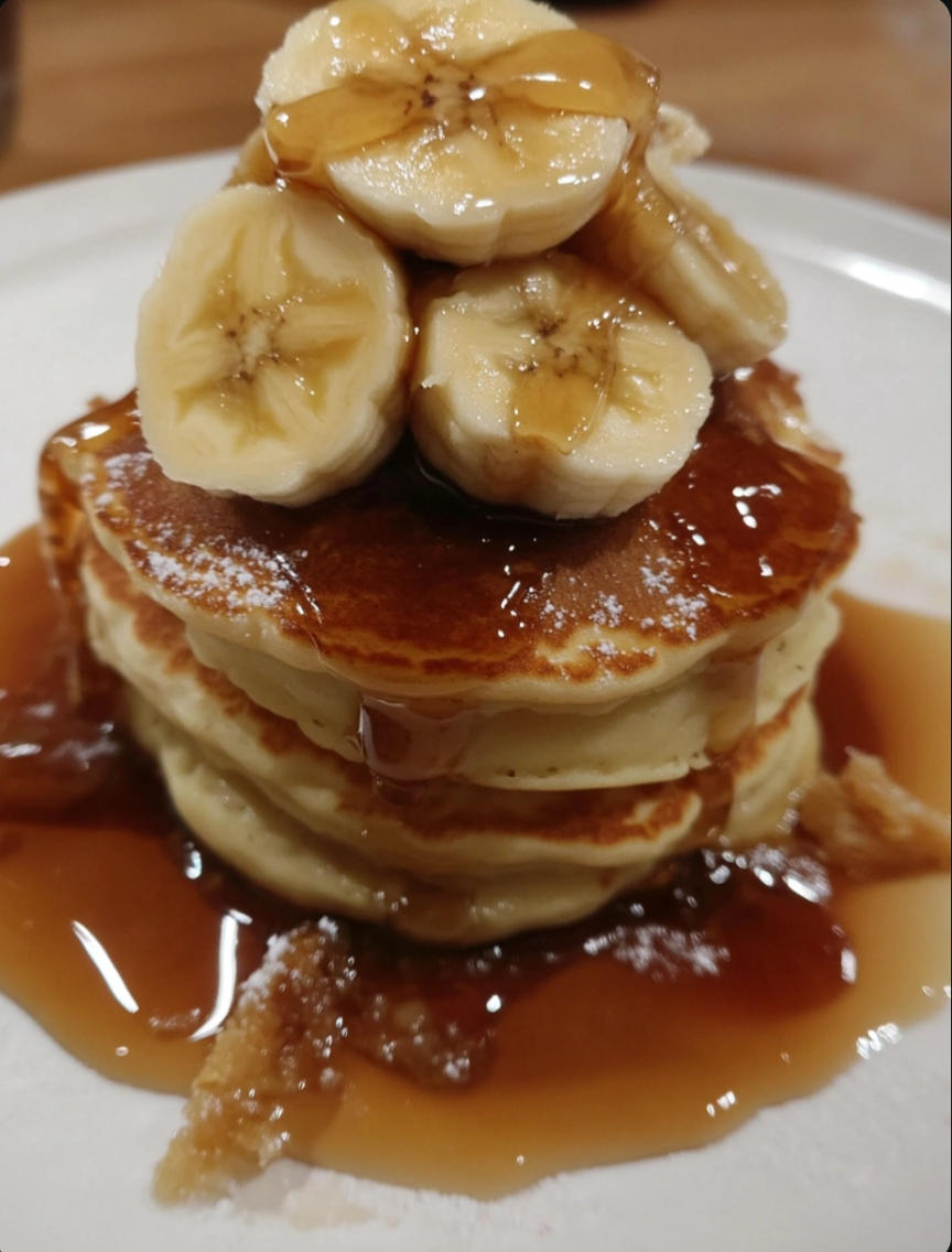 Banana and Butterscotch Sauce Pancake Stack 🍌🥞✨