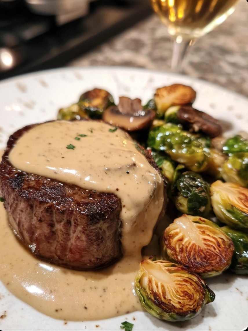 Filet Mignon with Brandy Mushroom Cream Sauce, Parmesan Hasselback Golds & Slightly Burnt Brussels Sprouts 🥩🍄✨