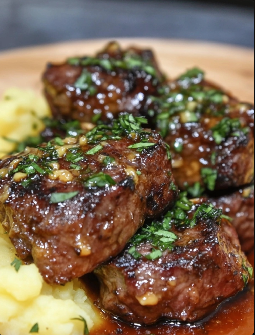 Butter Garlic Steak Bites and Mashed Potatoes