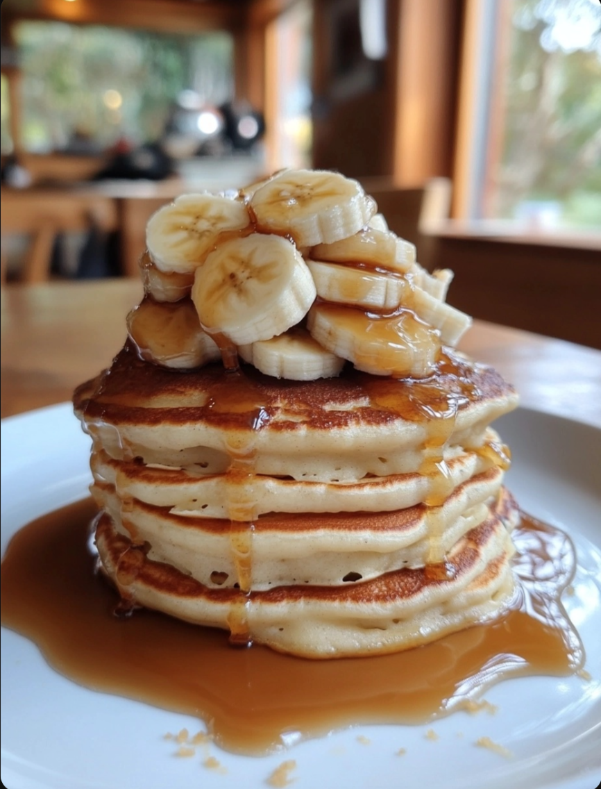 Banana and Butterscotch Sauce Pancake Stack 🍌🥞✨
