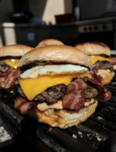 burgers with bacon, egg, and American/smoked cheddar cheese