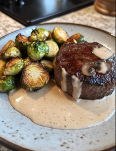 Filet Mignon with Brandy Mushroom Cream Sauce, Parmesan Hasselback Golds & Slightly Burnt Brussels Sprouts 🥩🍄✨