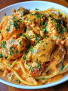 This rich and flavorful pasta with juicy, saucy chicken will have everyone coming back for seconds! 🍝🍗