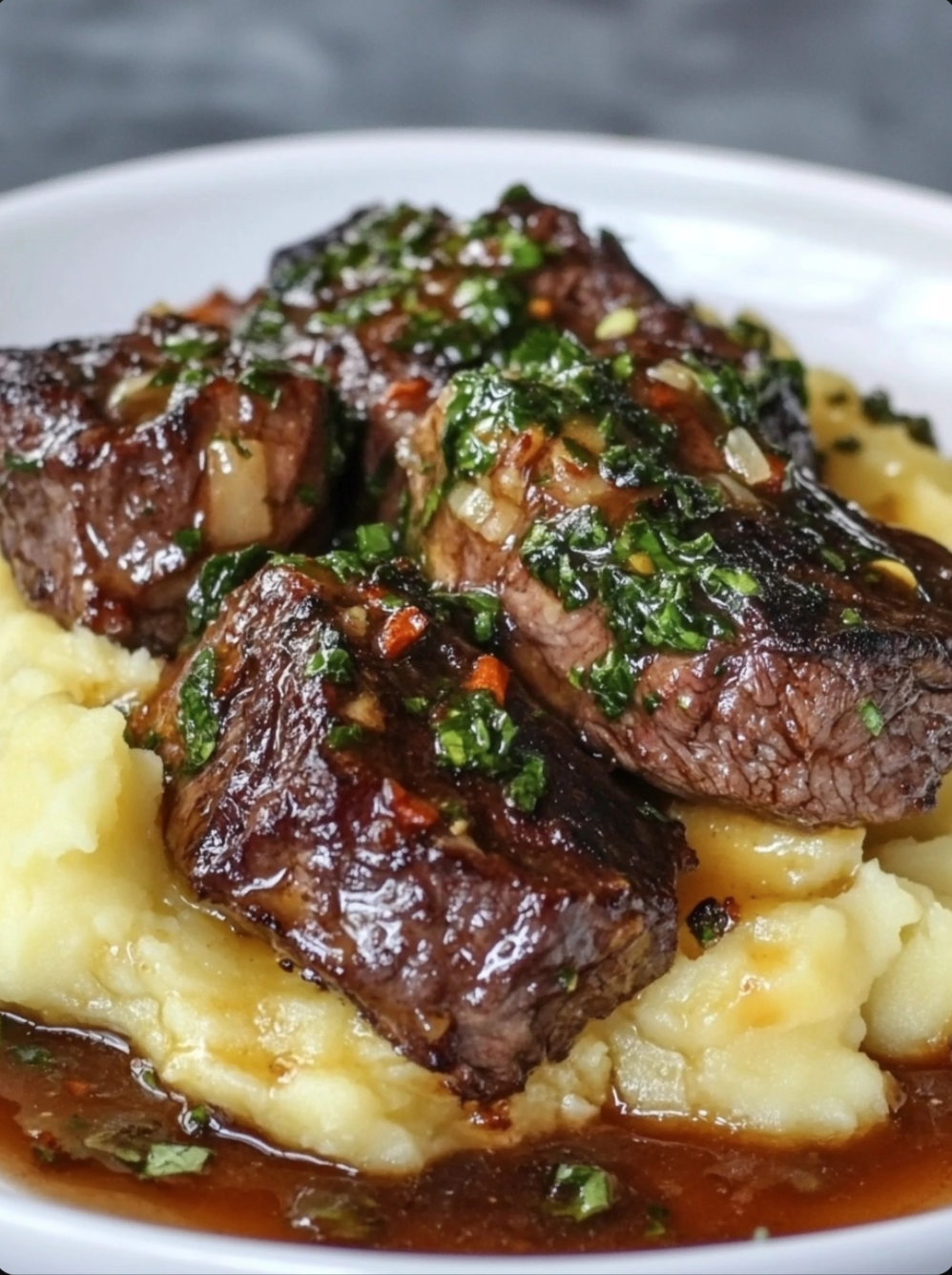 Butter Garlic Steak Bites and Mashed Potatoes