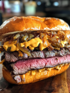 Ribeye Steak Sandwich with Garlic Dill Chive Herb Butter, Caramelized Onions, Sriracha Mayo & Jalapeño Crisps on a Pretzel Bun
