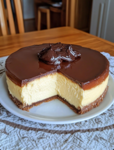 New York Style Cheesecake Topped with Dark Chocolate Pudding Over Vanilla Custard