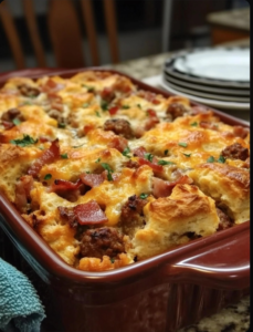 Breakfast Casserole – Biscuits Bacon Sausage