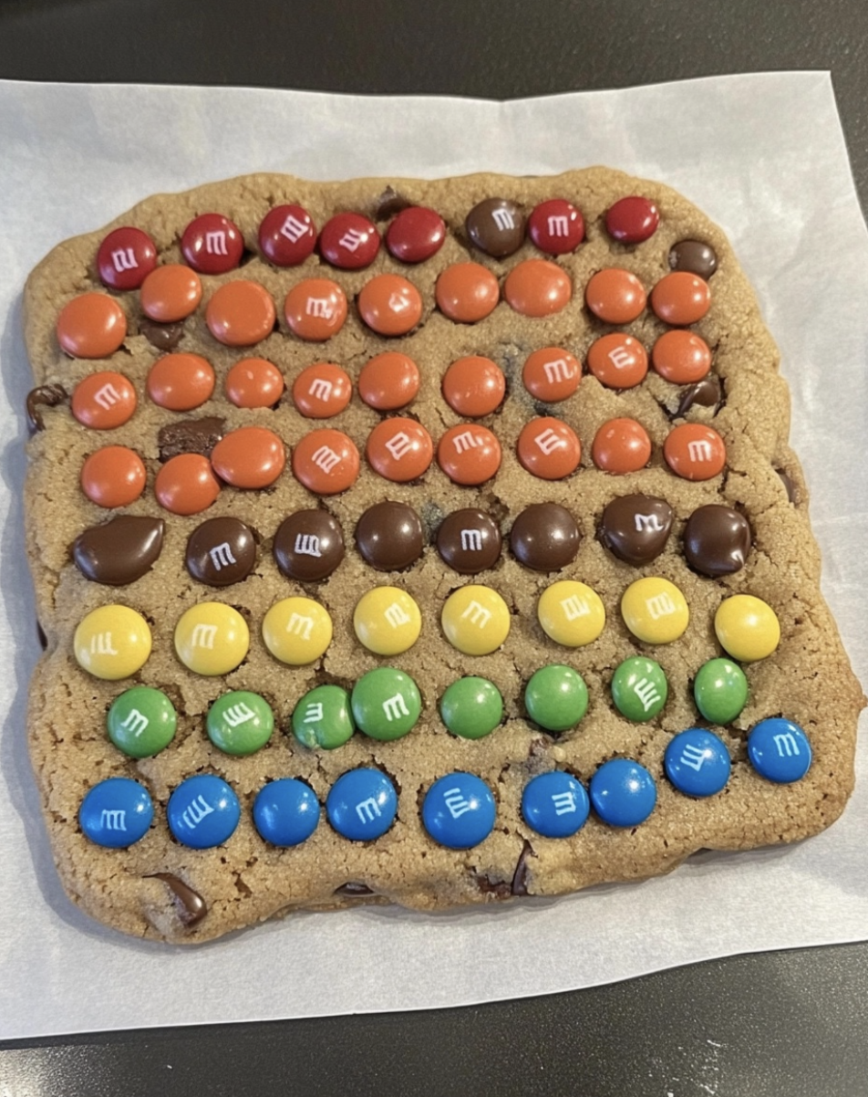 Giant chocolate chip rainbow M&M cookie