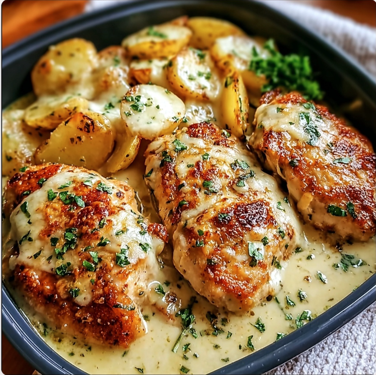 Tender Garlic Parmesan Chicken & Velvety Scalloped Potatoes
