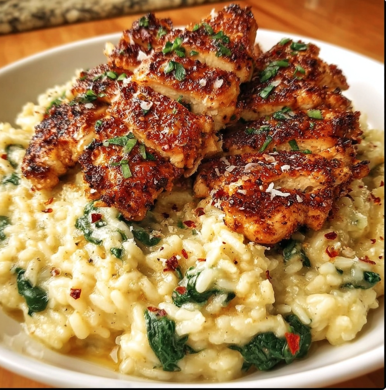 Creamy Parmesan Spinach Rice w/ Spicy Garlic Chicken