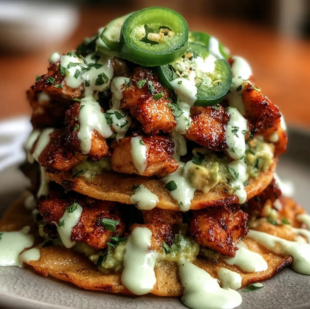 Crispy Honey Lime Chicken Tostada Towers with Avocado Lime Drizzle