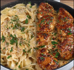 Tender Garlic Butter Chicken Bites & Creamy Parmesan Pasta Delight