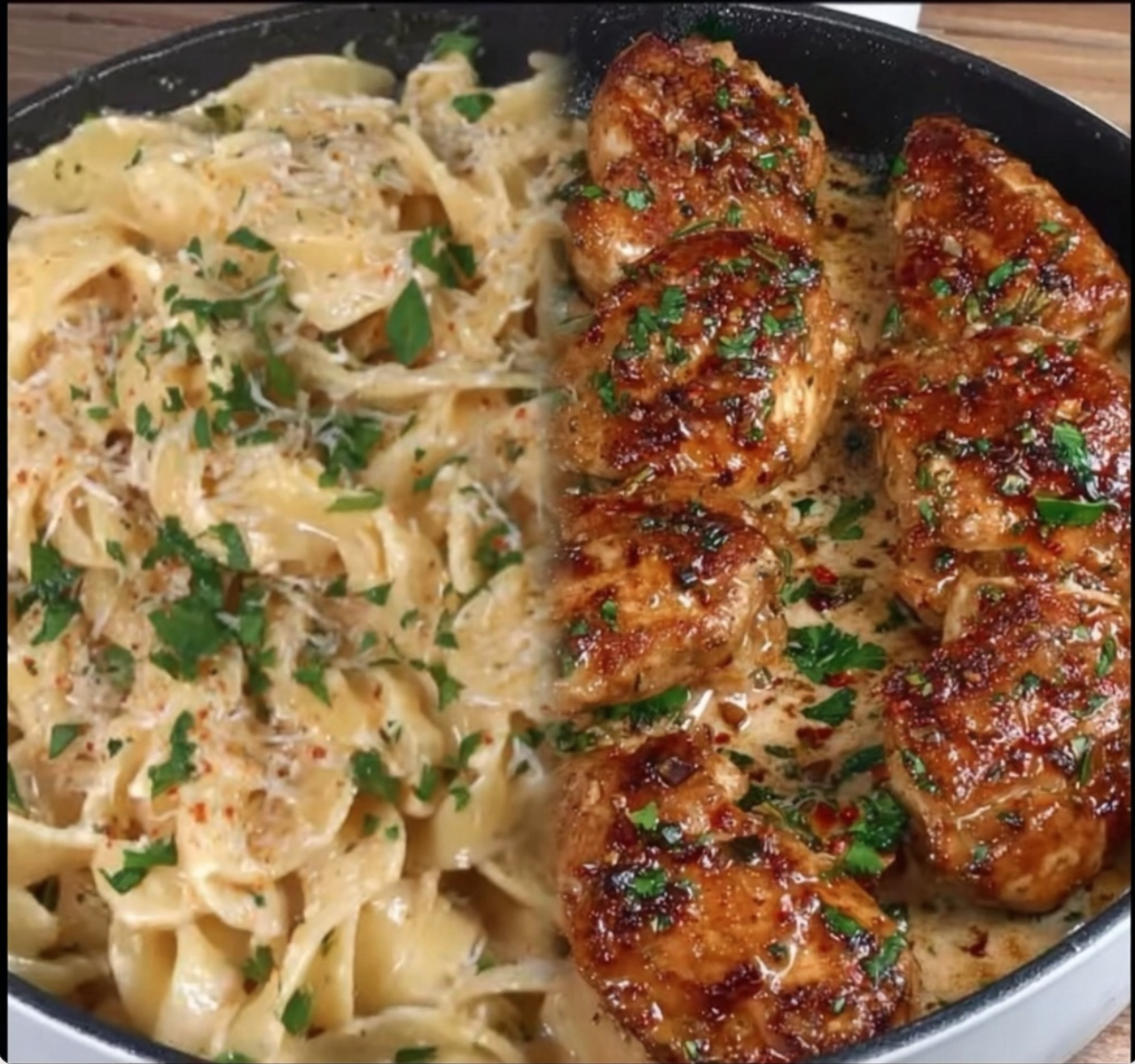 Tender Garlic Butter Chicken Bites & Creamy Parmesan Pasta Delight