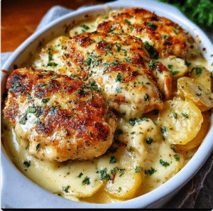 Tender Garlic Parmesan Chicken & Velvety Scalloped Potatoes
