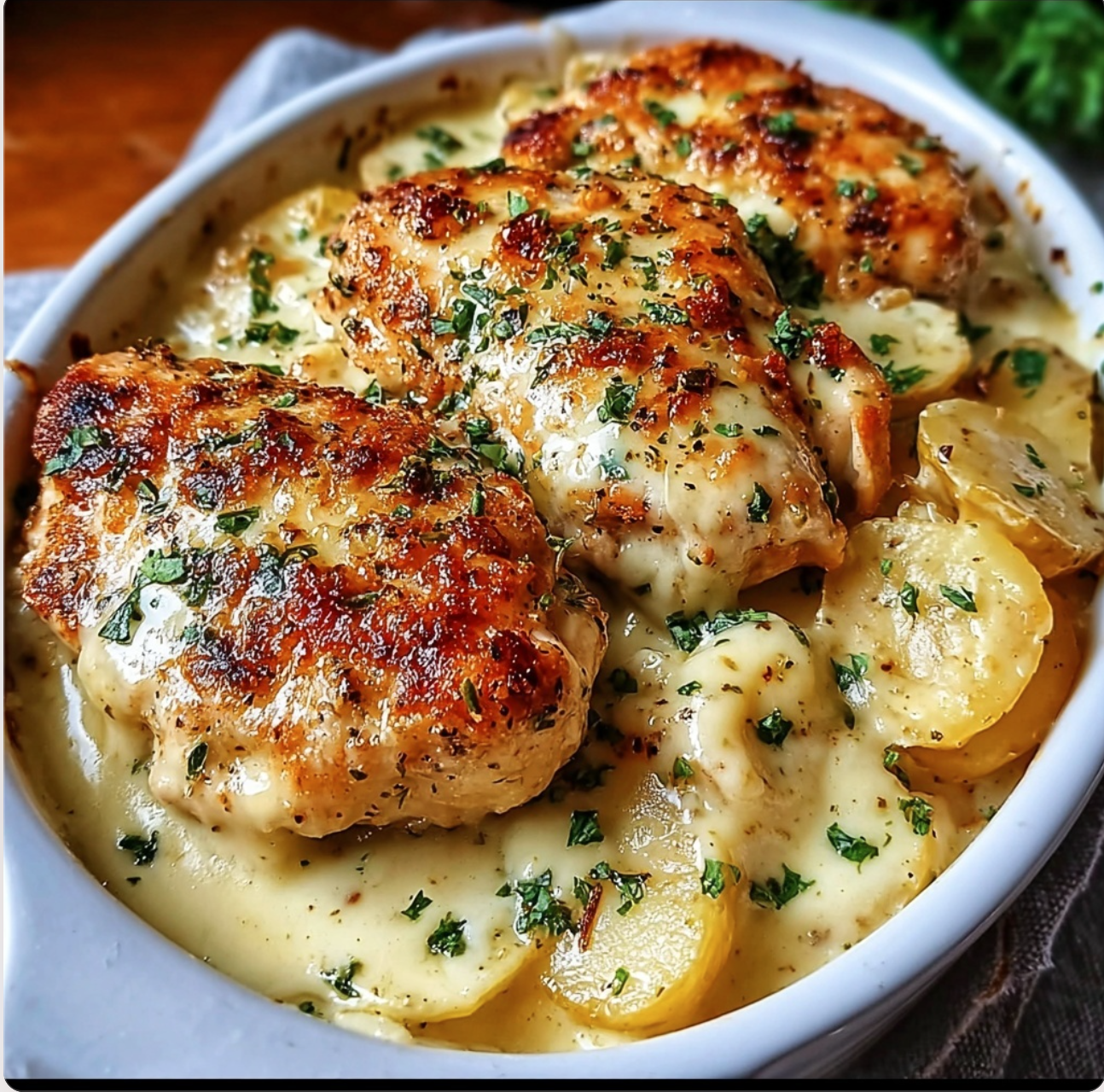 Tender Garlic Parmesan Chicken & Velvety Scalloped Potatoes