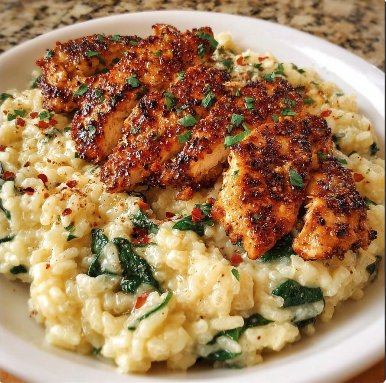 Creamy Parmesan Spinach Rice w/ Spicy Garlic Chicken