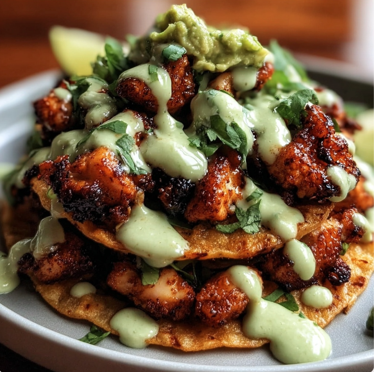 Crispy Honey Lime Chicken Tostada Towers with Avocado Lime Drizzle