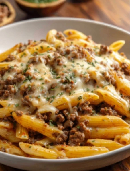 Creamy Savory Cheesy Penne Garlic Butter Ground Beef