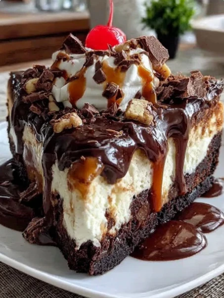 Decadent Gooey Hot Fudge Sundae Brownie Cheesecake