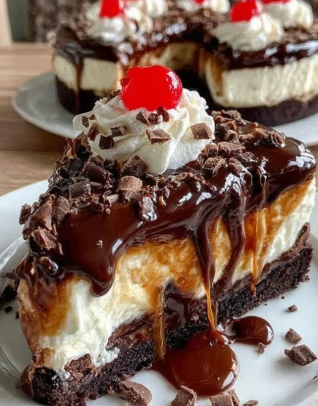 Decadent Gooey Hot Fudge Sundae Brownie Cheesecake