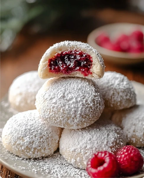 Raspberry Almond Snow Cookies