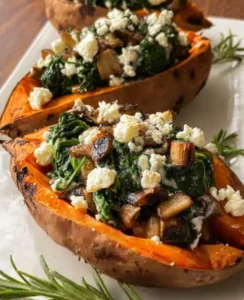 🥔🥬 Stuffed Sweet Potatoes with Spinach, Mushroom, Feta and Rosemary