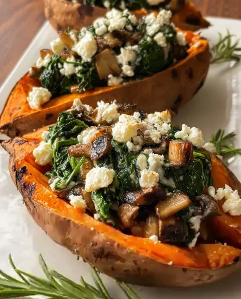 Stuffed Sweet Potatoes Spinach Mushroom Feta Rosemary