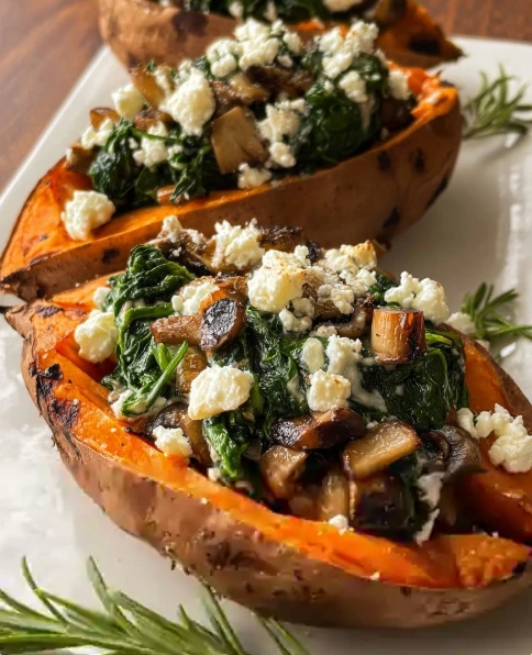 Stuffed Sweet Potatoes Spinach Mushroom Feta Rosemary
