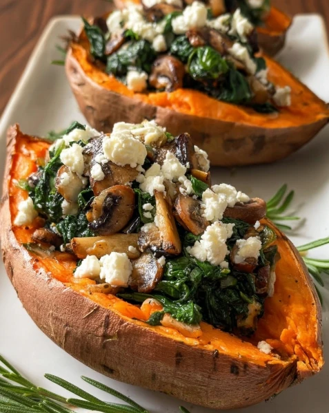 Stuffed Sweet Potatoes Spinach Mushroom Feta Rosemary