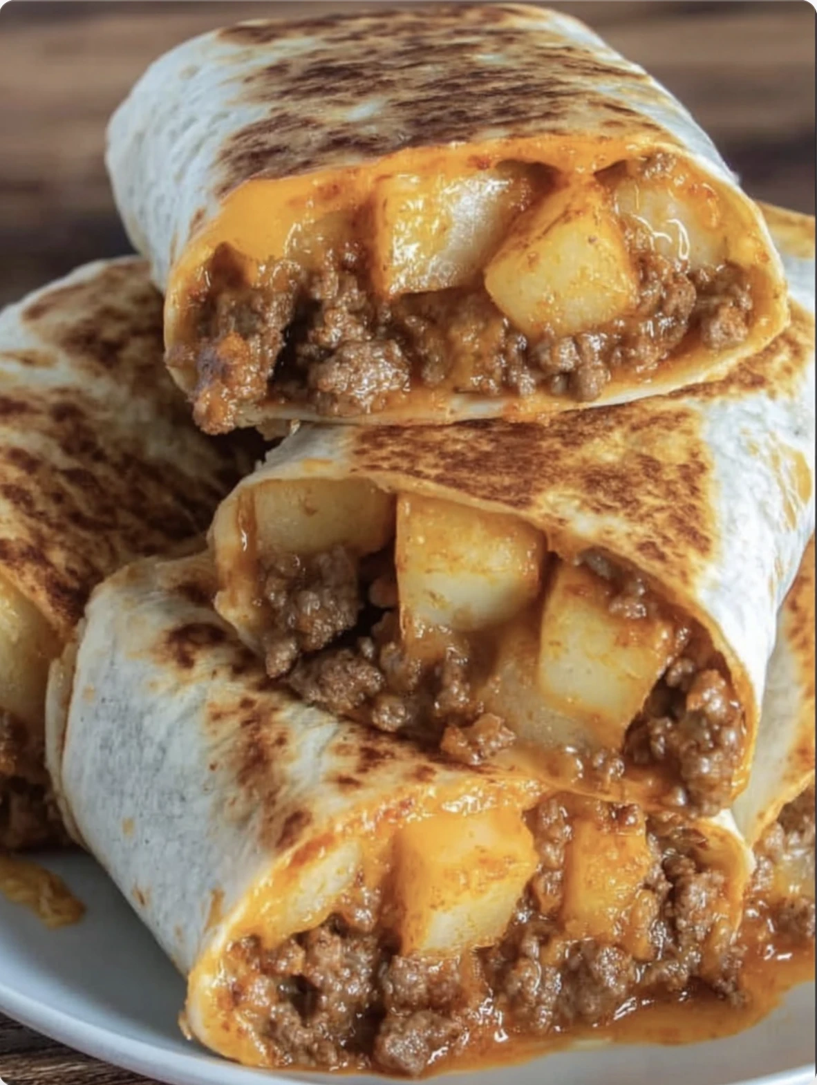 Cheesy Beef & Potato Burritos with Nacho Drizze