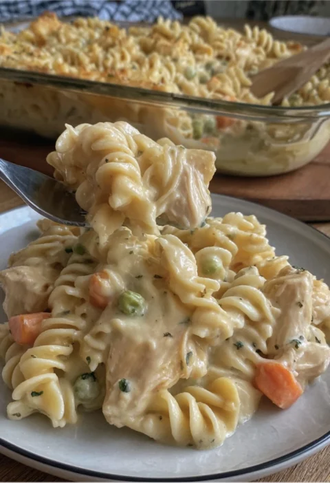 Creamy Chicken Pot Pie Pasta Bake