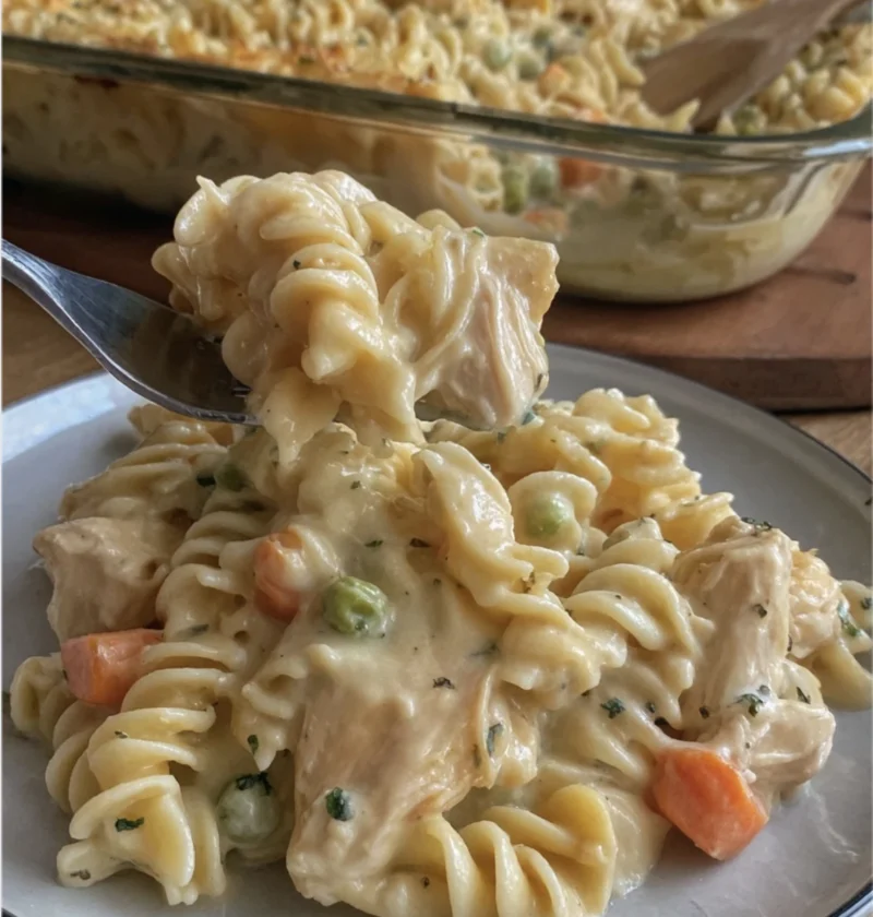 Creamy Chicken Pot Pie Pasta Bake