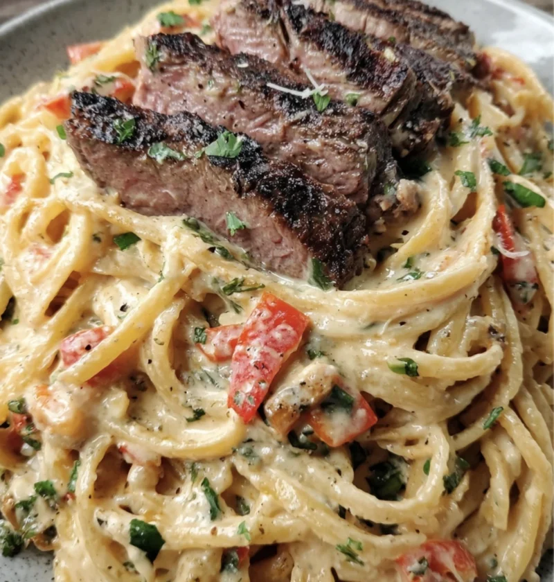 Steak Alfredo Spaghetti Creamy Parmesan Roasted Red Peppers