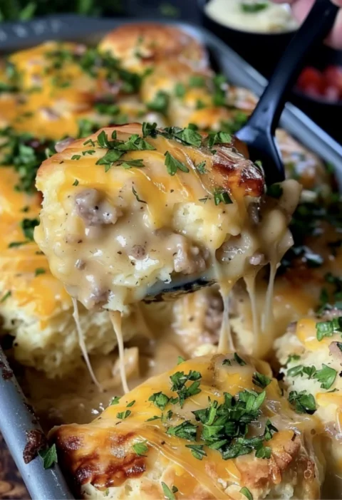 Cheesy biscuits and gravy breakfast casserole