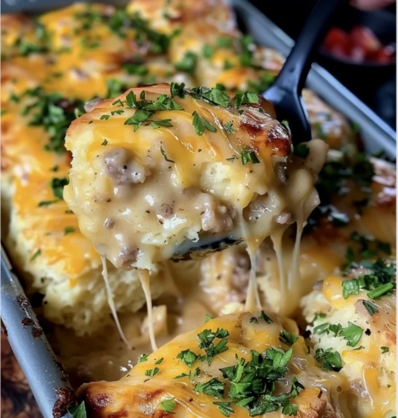 Cheesy biscuits and gravy breakfast casserole