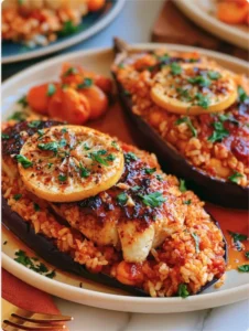 Stuffed Eggplant Rice Boats