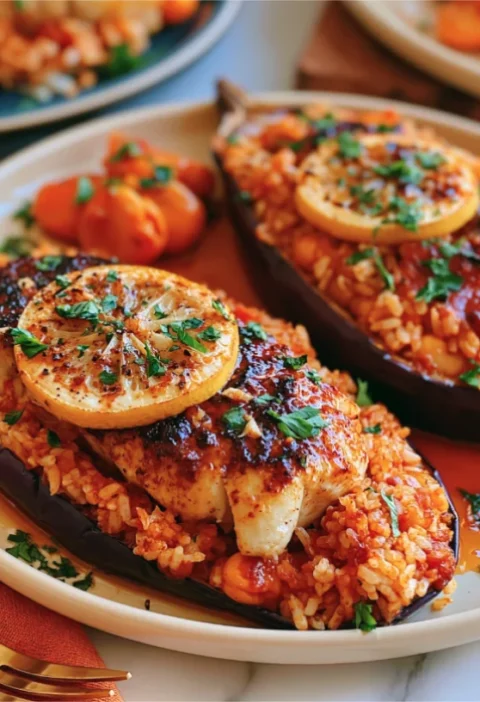 Stuffed Eggplant Rice Boats