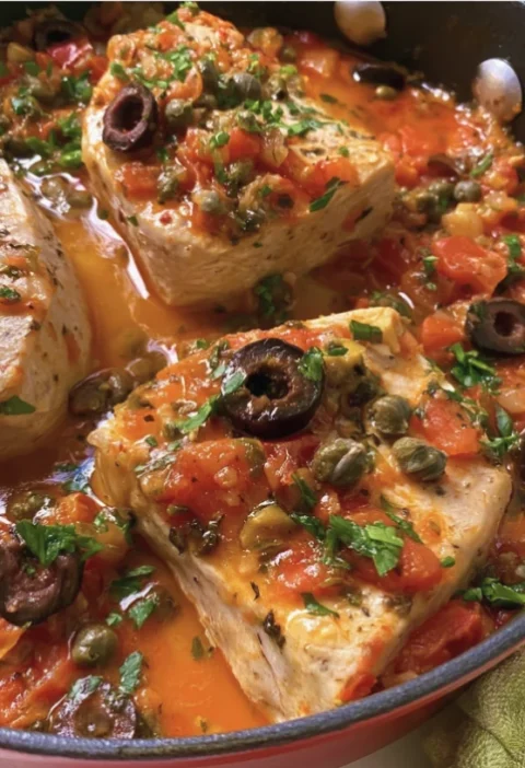 Sicilian Swordfish with Olives & Caper Sauce