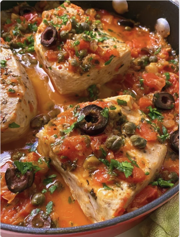 Sicilian Swordfish with Olives & Caper Sauce